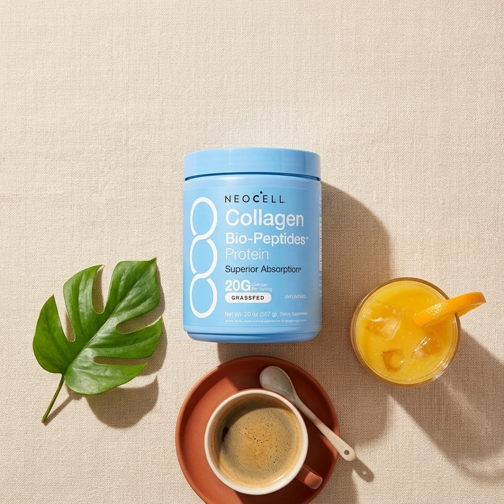 Colágeno NeoCell junto a café, jugo y hoja verde