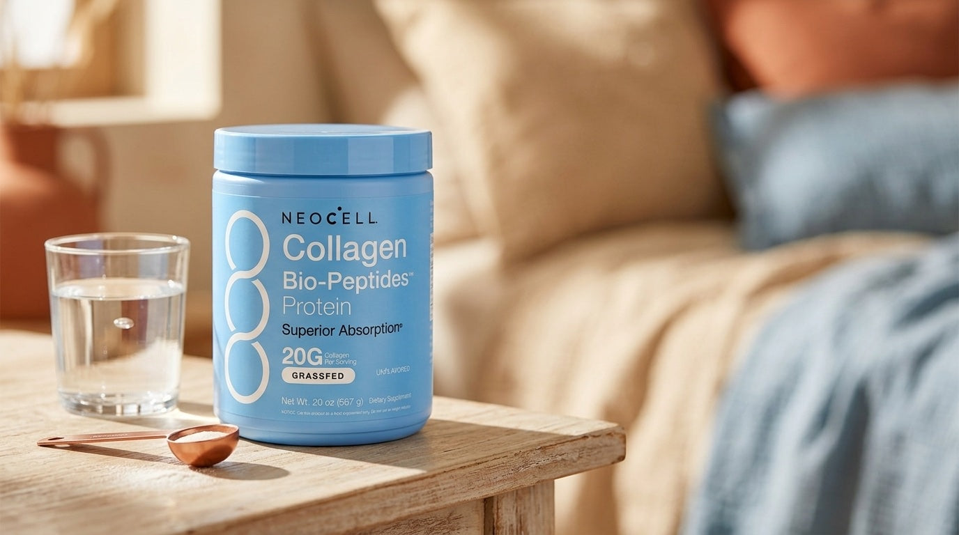 NeoCell Collagen Bio-Peptides junto a agua y cuchara dosificadora